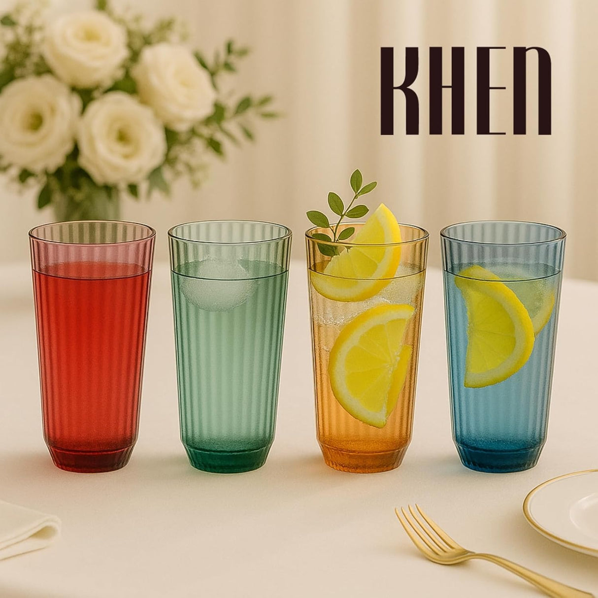 Shatterproof Ribbed Drinking Glasses , Dishwasher Safe, Tall | Set of 4 | Unbreakable BPA-free Plastic, 12OZ