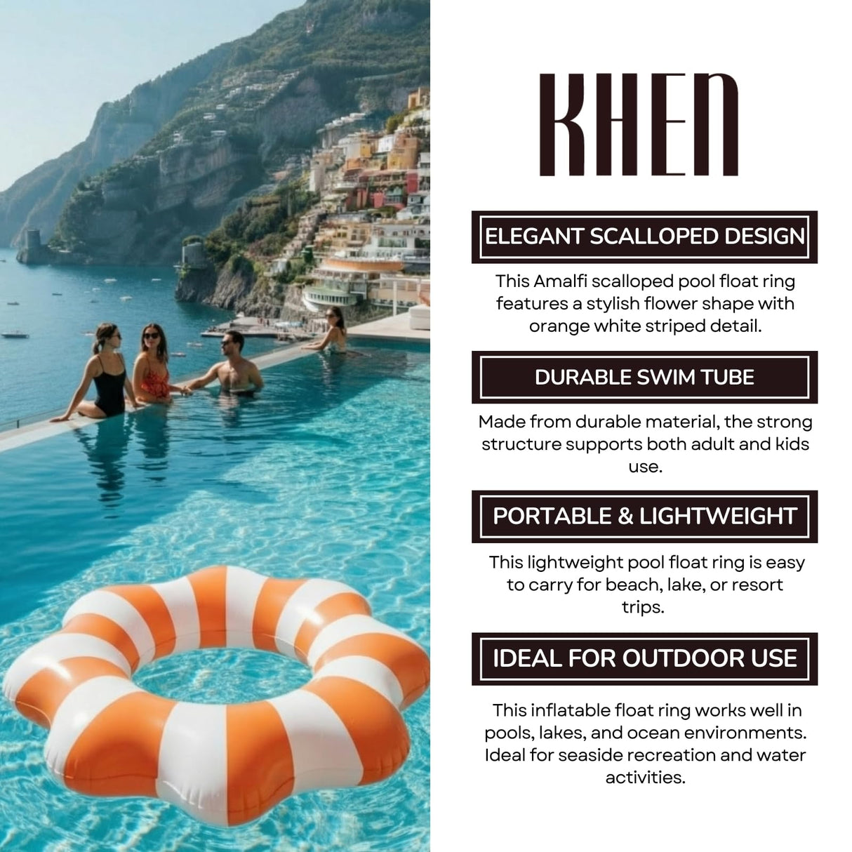 Amalfi Scalloped Pool Float Ring, 1 Piece, Orange & White Inflatable Swim Tube