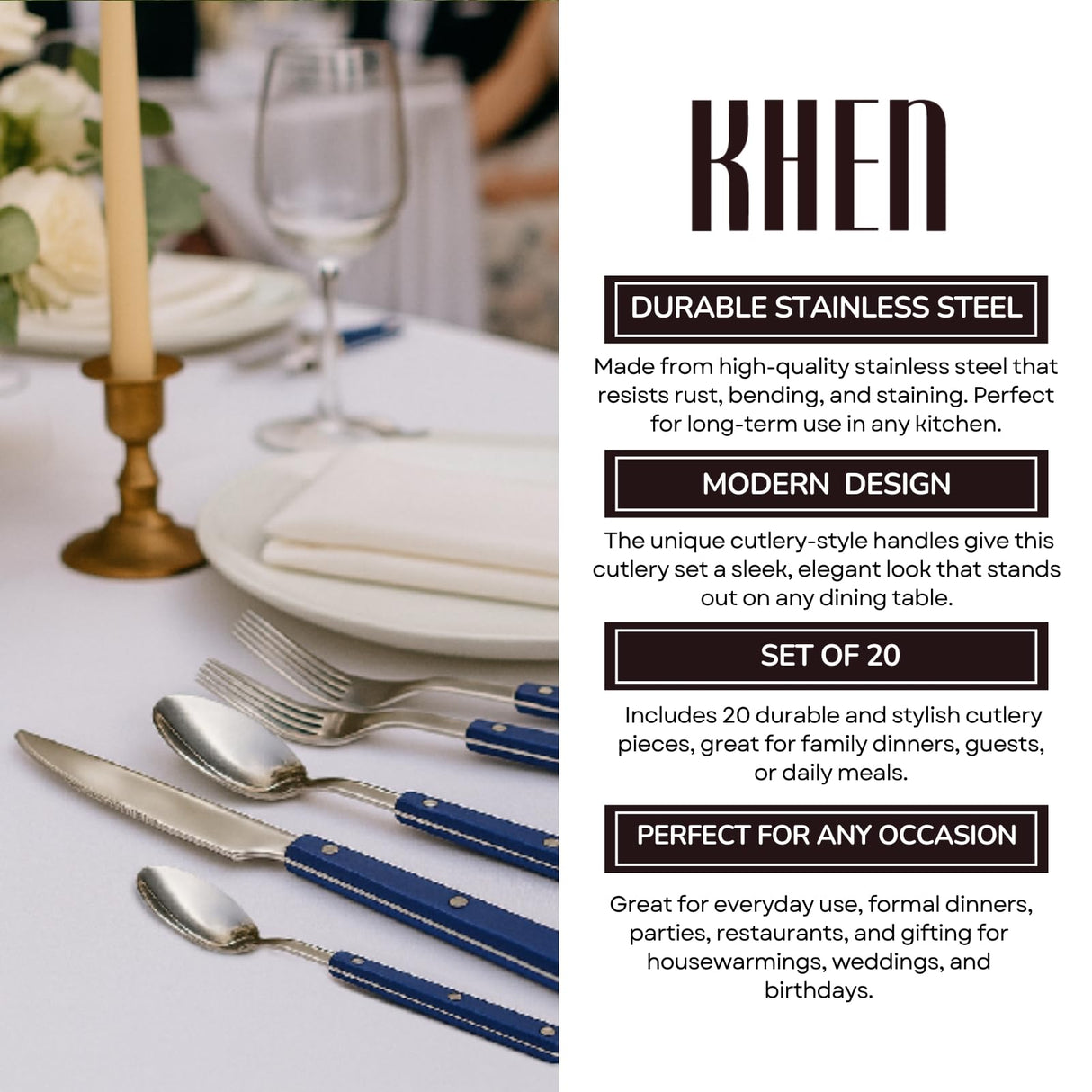 Khen Cutlery Set of 20, 18/8 Stainless Steel Flatware,