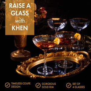 Khen Champagne Coupe Glasses Set of 4 Vintage Octagonal Gold Rim Elegant Art Glass Cocktail Goblets - 6oz Clear Gold Rim