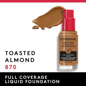 Covergirl Outlast Extreme Wear 3-in-1 Full Coverage Liquid Foundation, SPF 18 Sunscreen, Toasted Almond, 1 Fl. Oz.