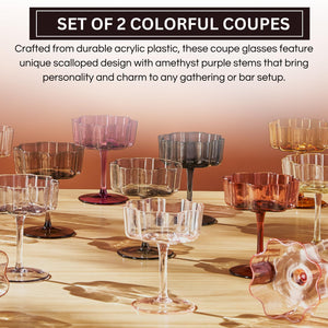 Flower Wave Coupe Cocktail Colored Glasses | Set of 2 | Amethyst Purple