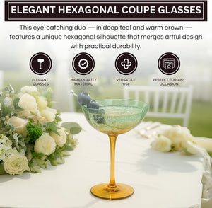 Khen Hexagonal Coupe Champagne Glasses Set of 2 in Teal and Brown