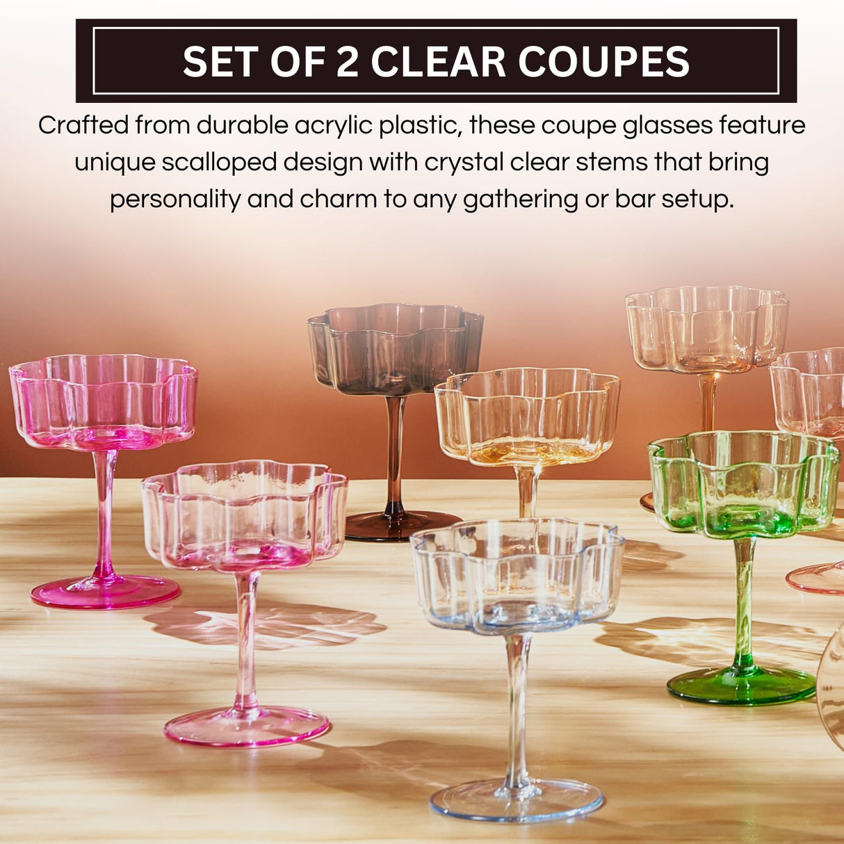 Flower Wave Coupe Cocktail Colored Glasses | Set of 2 | Clear