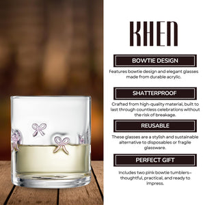 Khen Bowtie Tumblers Set Stylish Break Resistant Acrylic Drinkware for Cocktail Wedding Gift Use - Set of 2 Pink