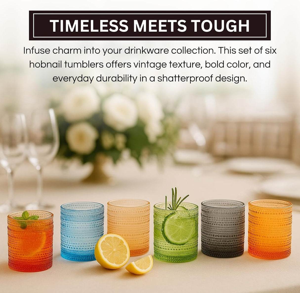 Acrylic Hobnail Lowball Glasses – Set of 6 Colorful & Black Tumblers, 10 oz
