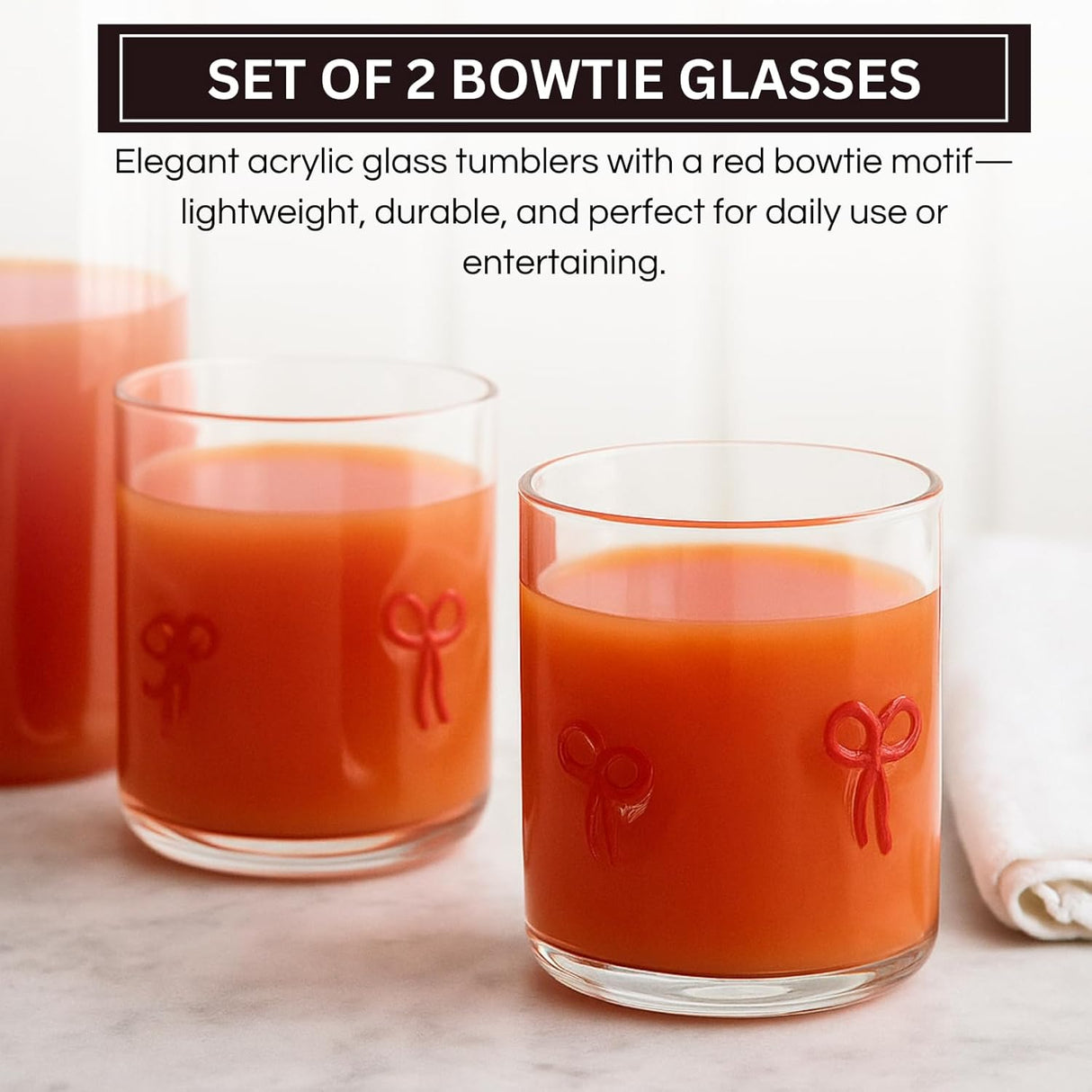 Khen Red Bowtie Tumbler Set Unique Lightweight Acrylic Clear Drinkware Vintage Aesthetic Barware Cup - Set of 2 Clear