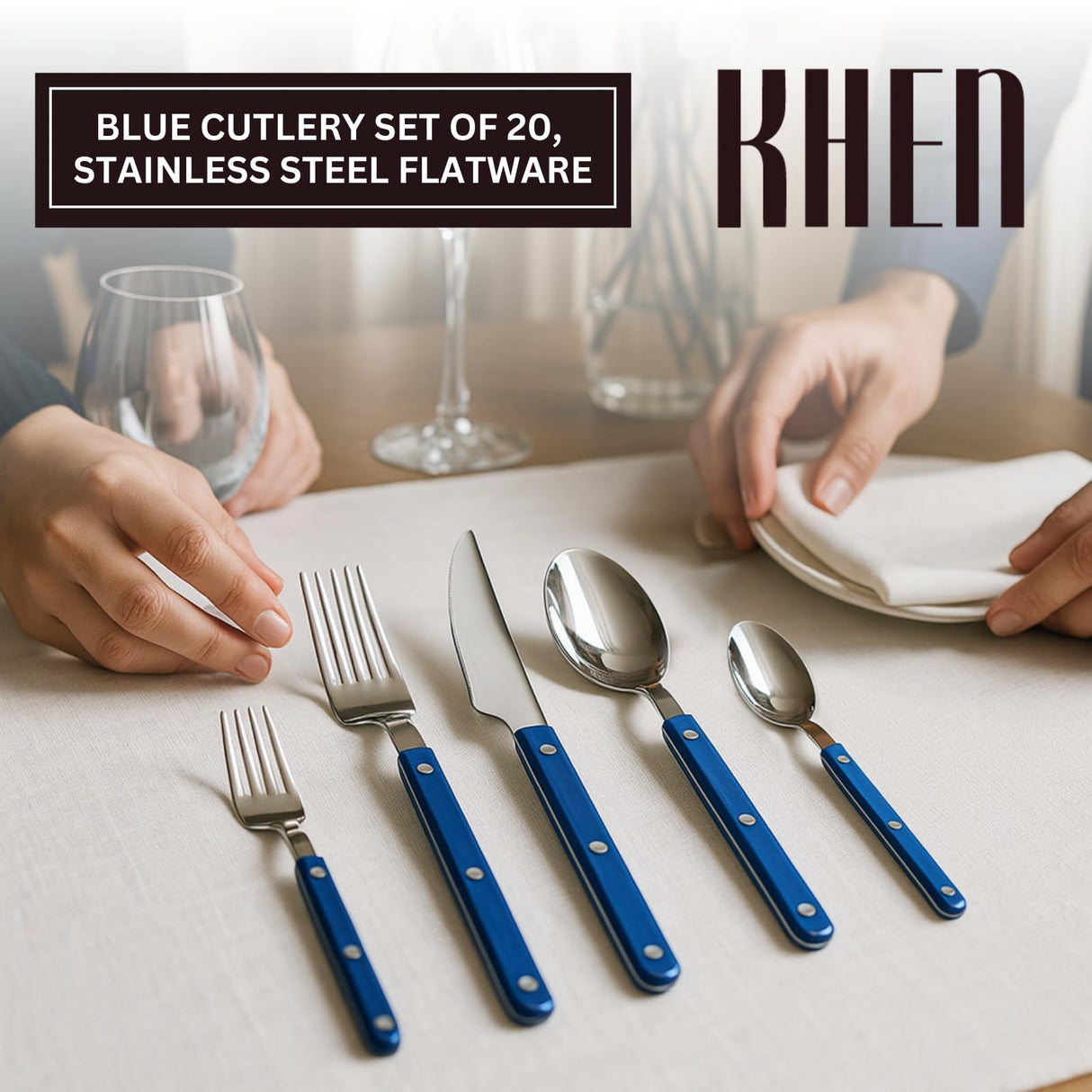 Khen Cutlery Set of 20, 18/8 Stainless Steel Flatware,