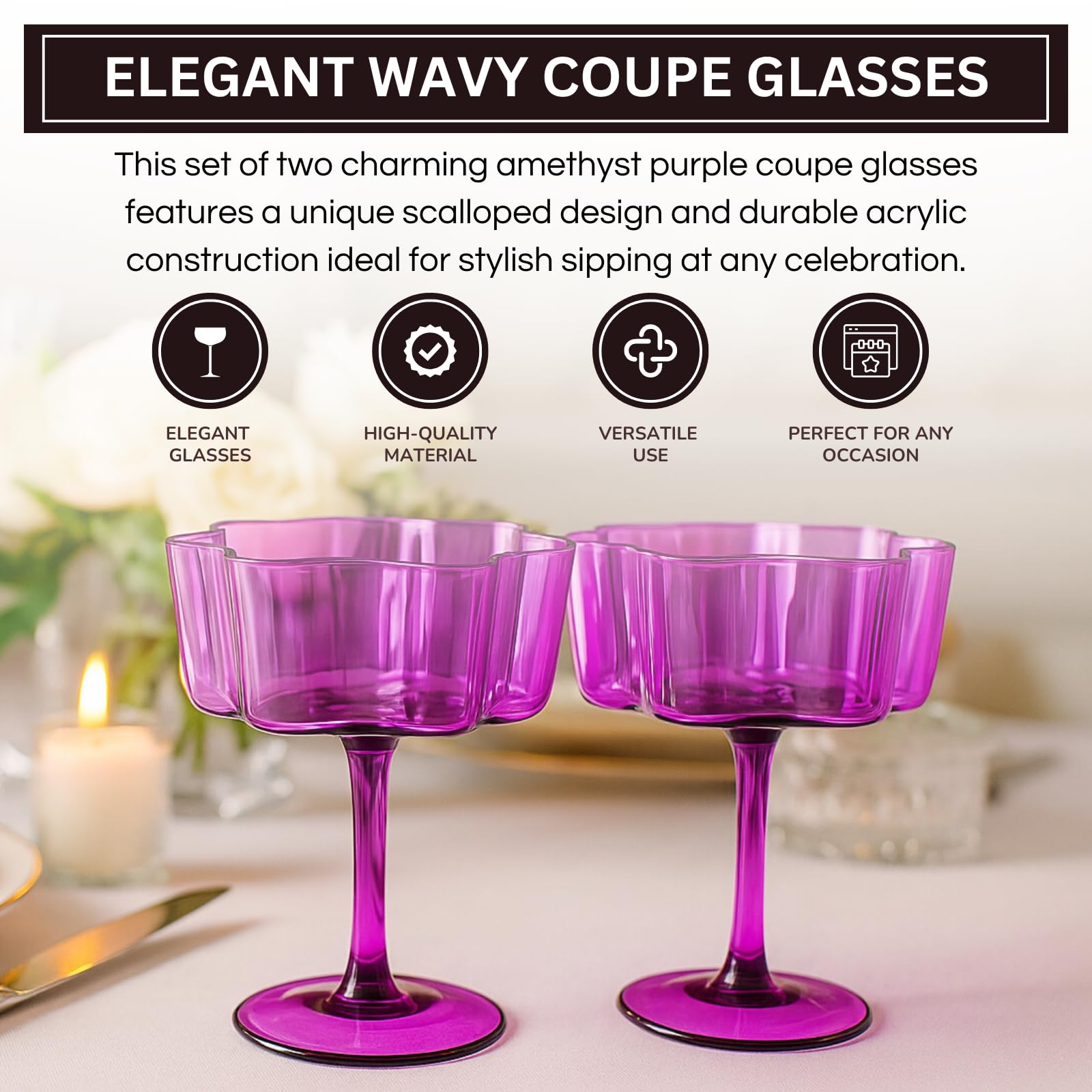 Flower Wave Coupe Cocktail Colored Glasses | Set of 2 | Amethyst