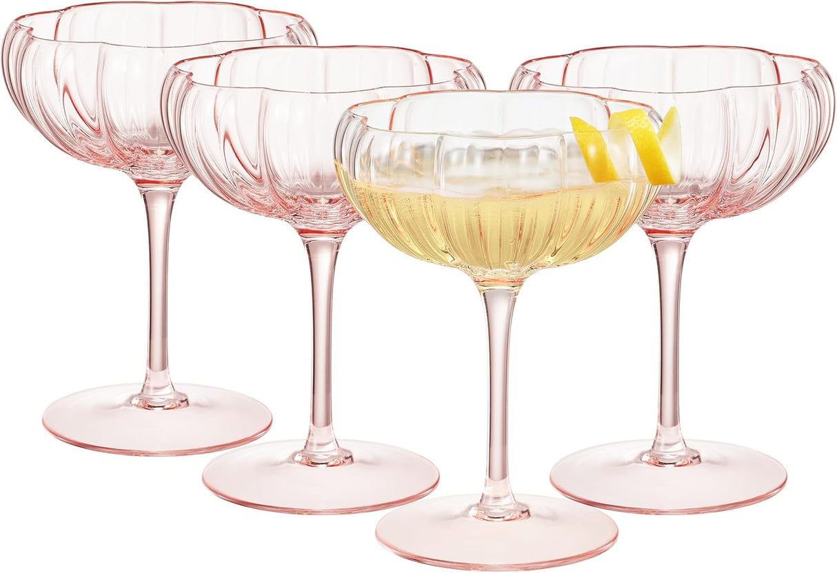 Khen Flower Modern Wavy Glass Coupes Martini, Champagne & Cocktail Coupes - Set of 4-7.7oz Colorful Cocktail Glasses & Prosecco, Mimosa Glassware Copyright Design - Blush Pink