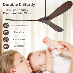 60 Inch Solid Wood Ceiling Fan 3-Blade DC Motor Remote