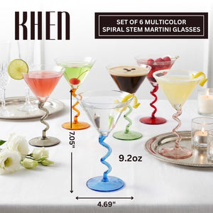 Spiral Stem Martini Glasses Set of 6, 9.2oz 7.05" Multicolor Twisted Base Glass