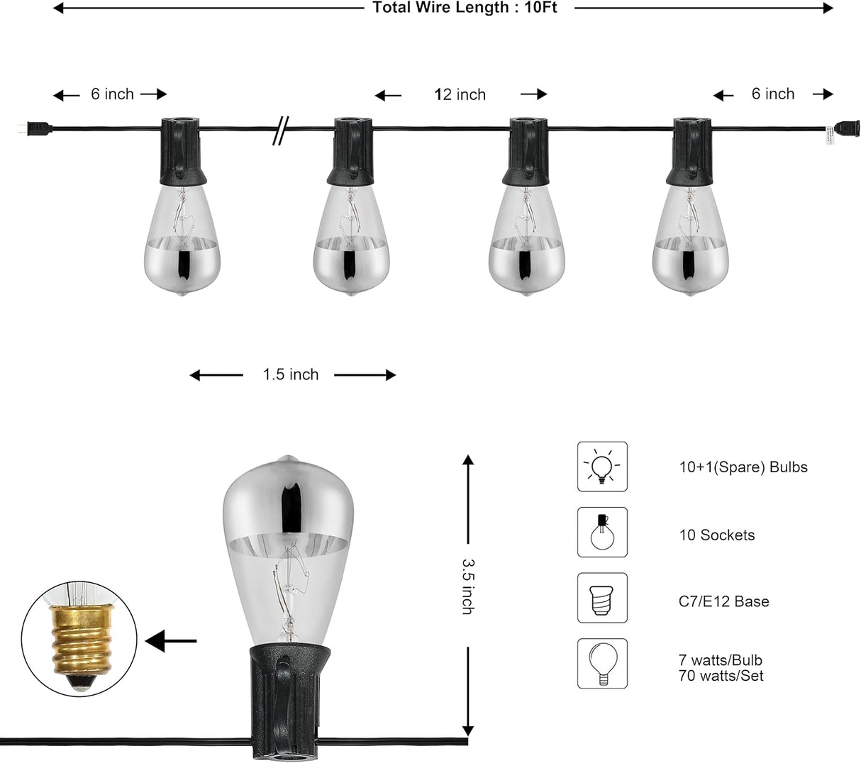 10-light indoor/outdoor rustic industrial incandescent c7 half-chrome bulb string lights