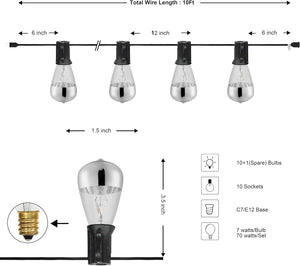 10-light indoor/outdoor rustic industrial incandescent c7 half-chrome bulb string lights