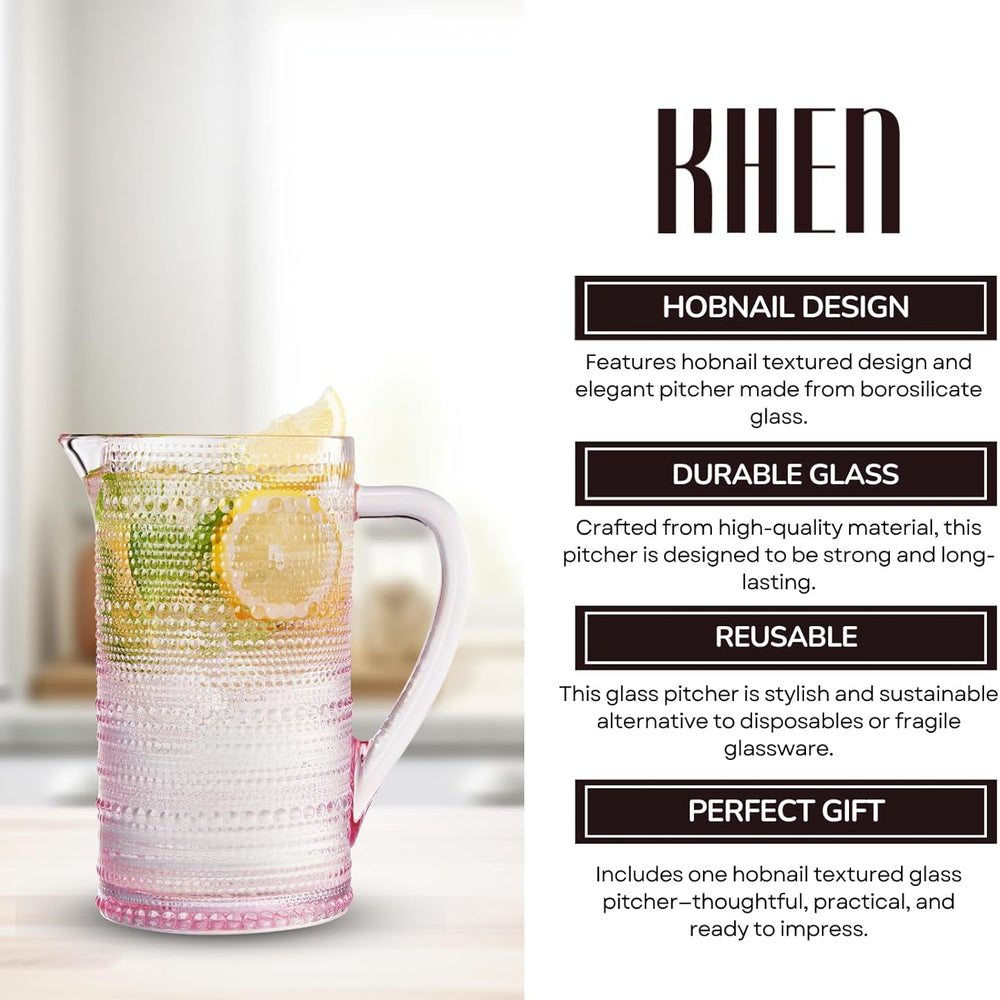 Khen Hobnail Pitcher, Vintage Style Textured Artisan Design Borosilicate Glass Beverage Server Drinkware - 7.8 Inch Pink