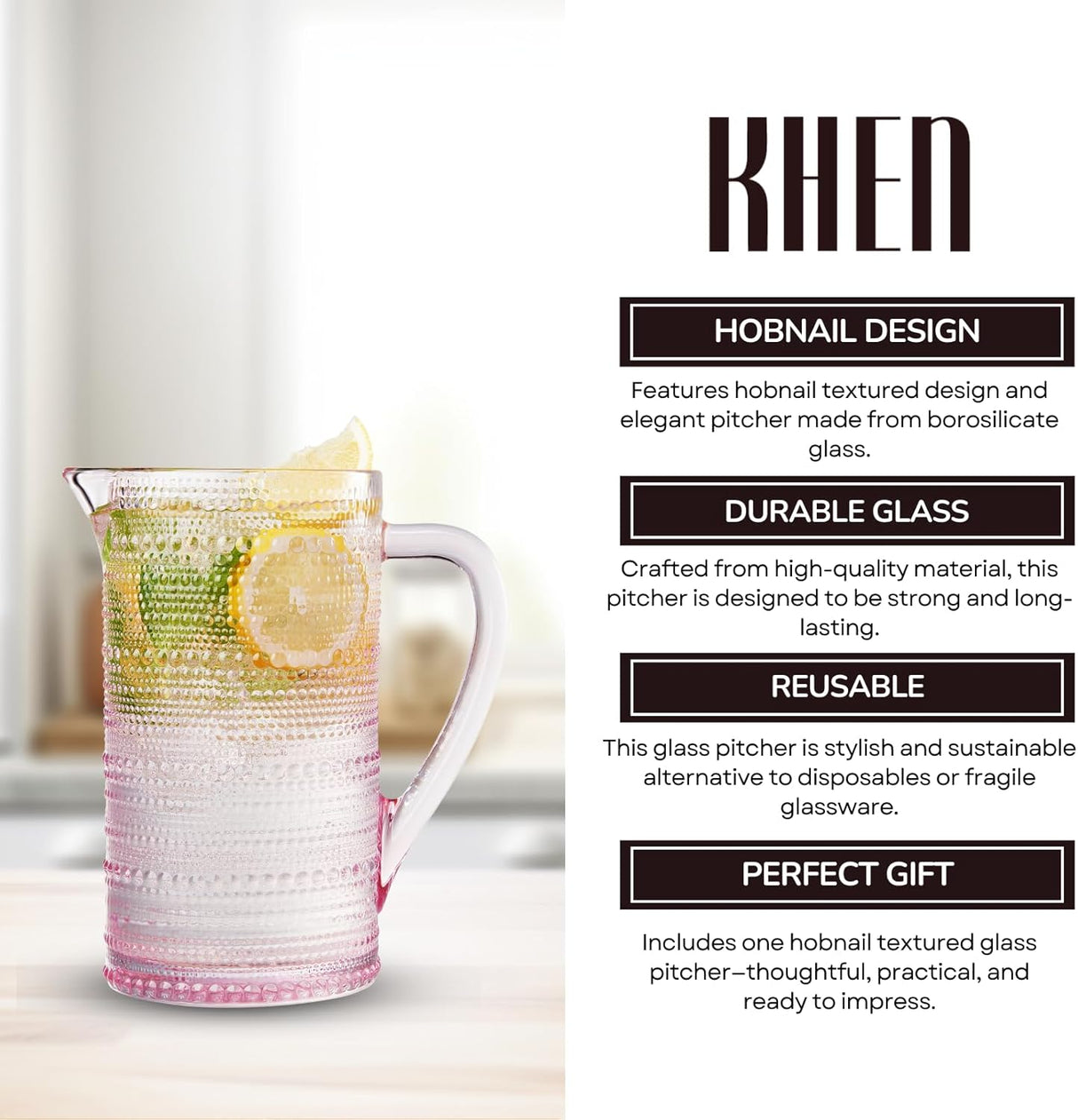 Khen Hobnail Pitcher, Vintage Style Textured Artisan Design Borosilicate Glass Beverage Server Drinkware - 7.8 Inch Pink