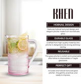 Khen Hobnail Pitcher, Vintage Style Textured Artisan Design Borosilicate Glass Beverage Server Drinkware - 7.8 Inch Pink