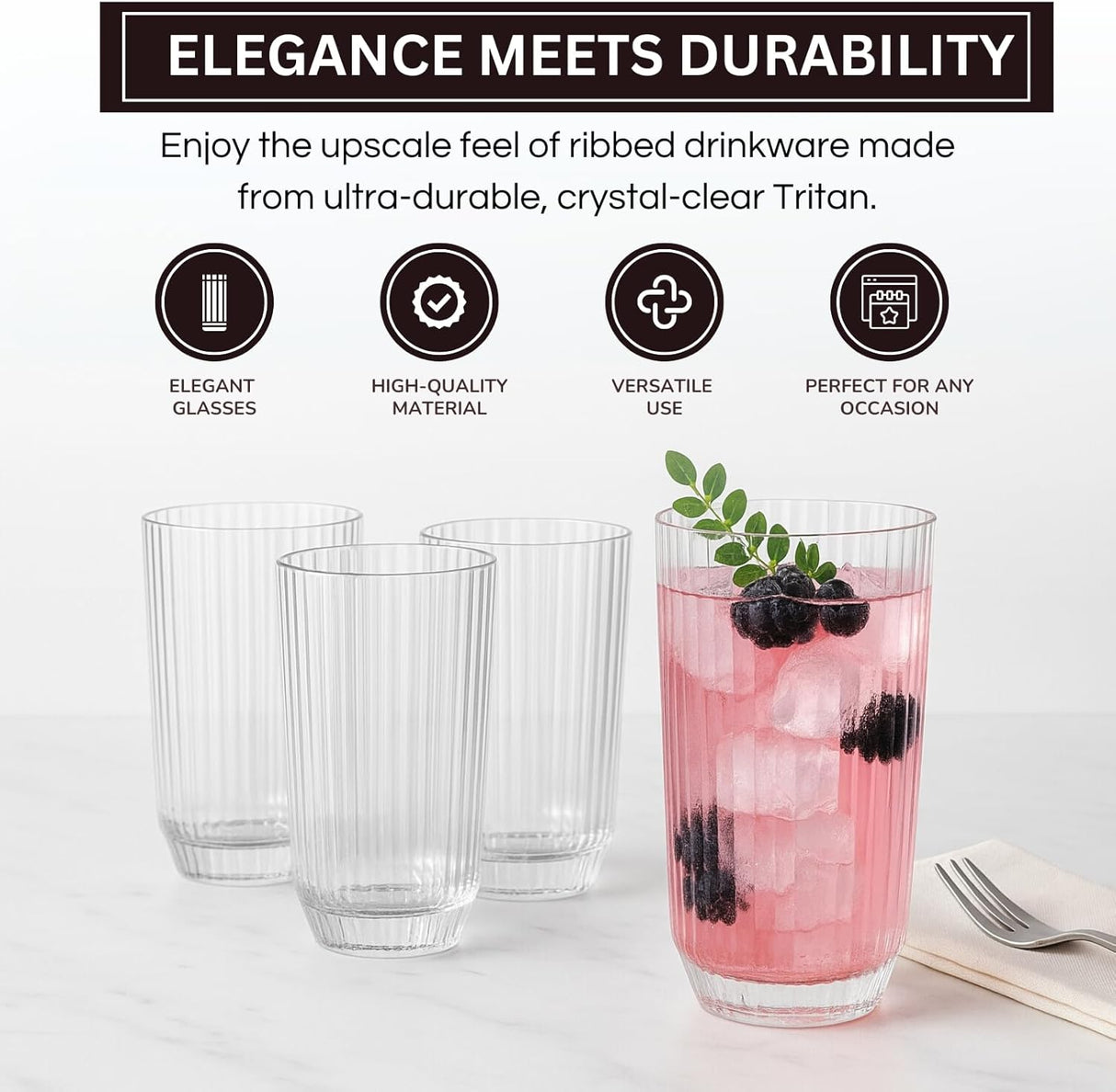 Shatterproof Ribbed Drinking Glasses – Set of 4 Clear 12oz