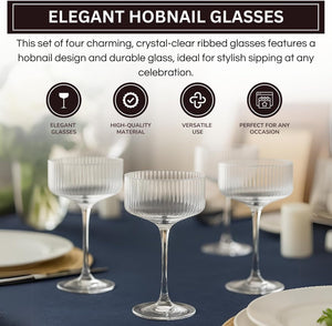 Khen Ribbed Coupe Glasses Set Crystal Bar Drinkware Vintage Style Cocktail Martini Champagne Glassware – 10oz Clear