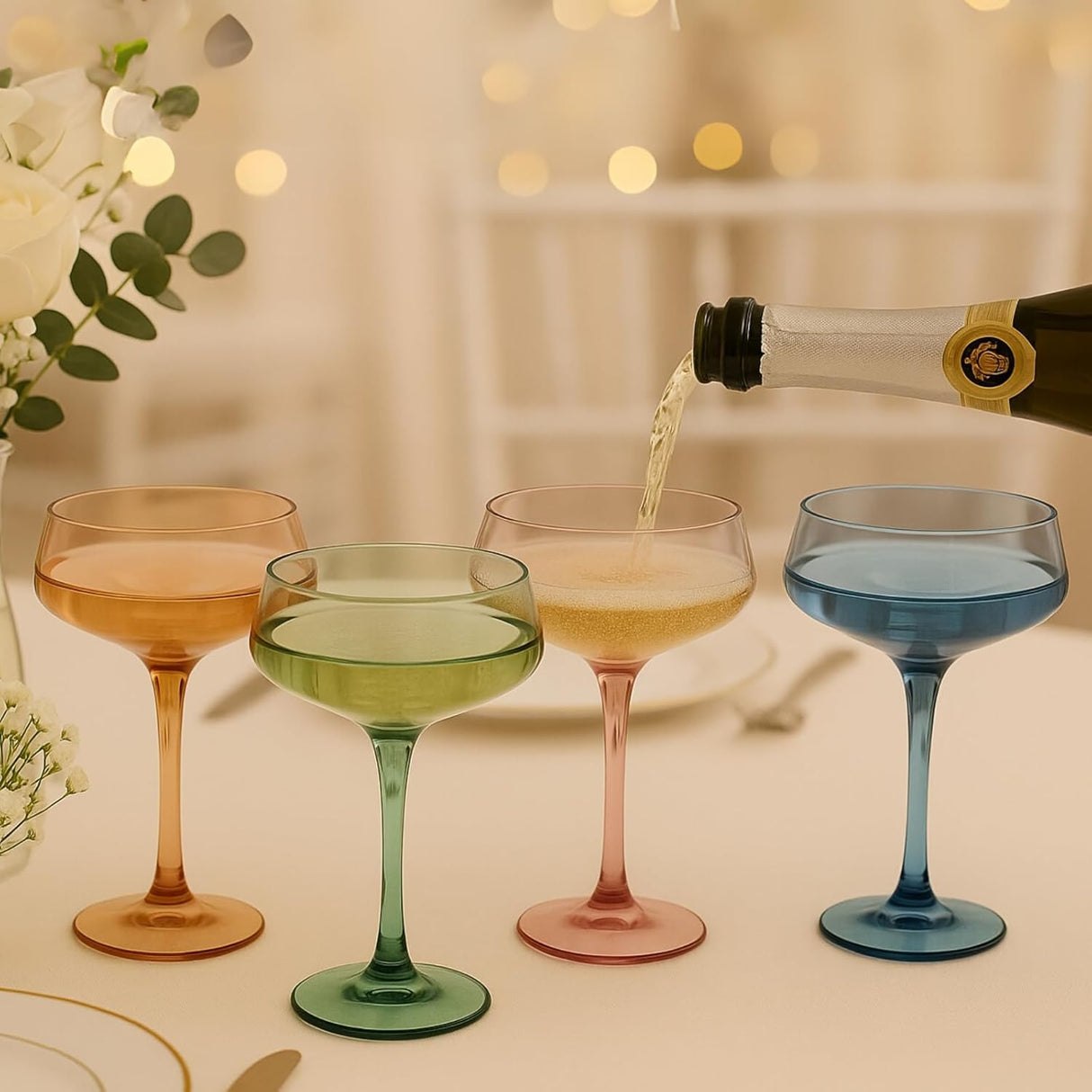 Khen Colored Acrylic Coupe Glasses – Set of 4 Stemmed 8 oz Cocktail Glasses in Muted Tones – Shatterproof, Reusable Drinkware for Martinis, Champagne, and Special Occasions