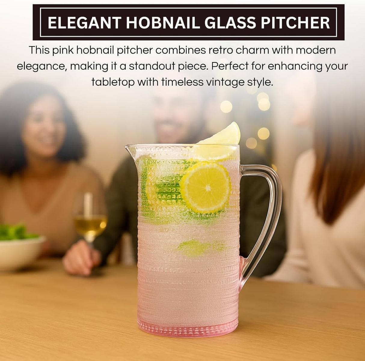 Khen Hobnail Pitcher, Vintage Style Textured Artisan Design Borosilicate Glass Beverage Server Drinkware - 7.8 Inch Pink