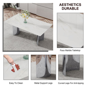 Modern Minimalist Dining Table With Imitation Marble Glass Desktop And Metal Legs