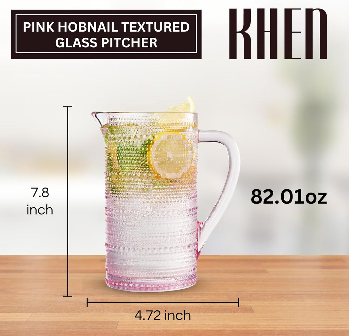 Khen Hobnail Pitcher, Vintage Style Textured Artisan Design Borosilicate Glass Beverage Server Drinkware - 7.8 Inch Pink