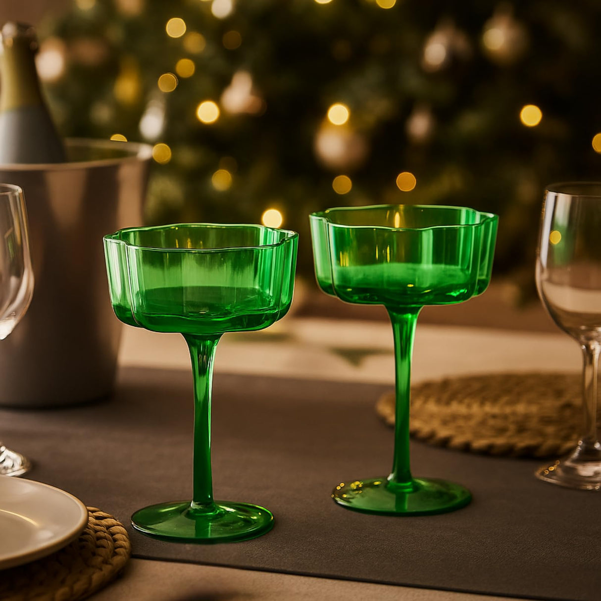 Flower Wave Coupe Cocktail Colored Glasses | Set of 2 | Jade