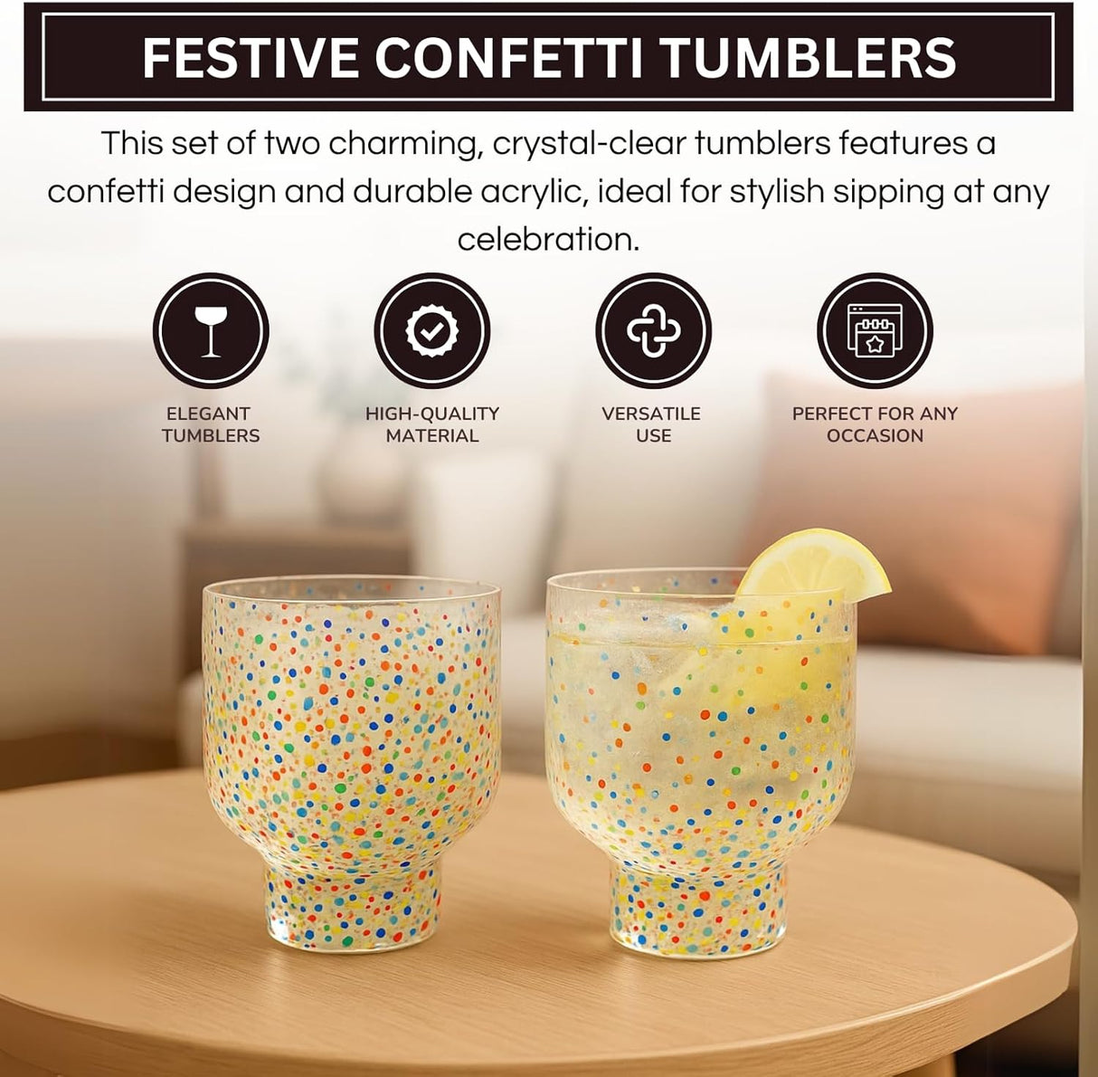 Khen Confetti Stemless Tumblers Set Colorful Drinkware  - 12oz Clear