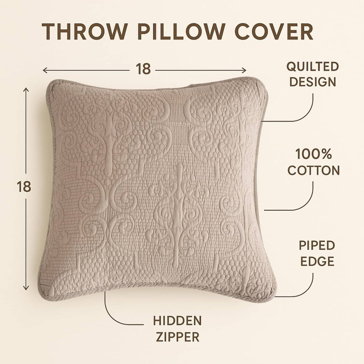 DaDa Bedding Set of 2-Pieces Sandy Beige Taupe Square Cushion Throw Pillow Covers, 18" x 18" (JHW-585)