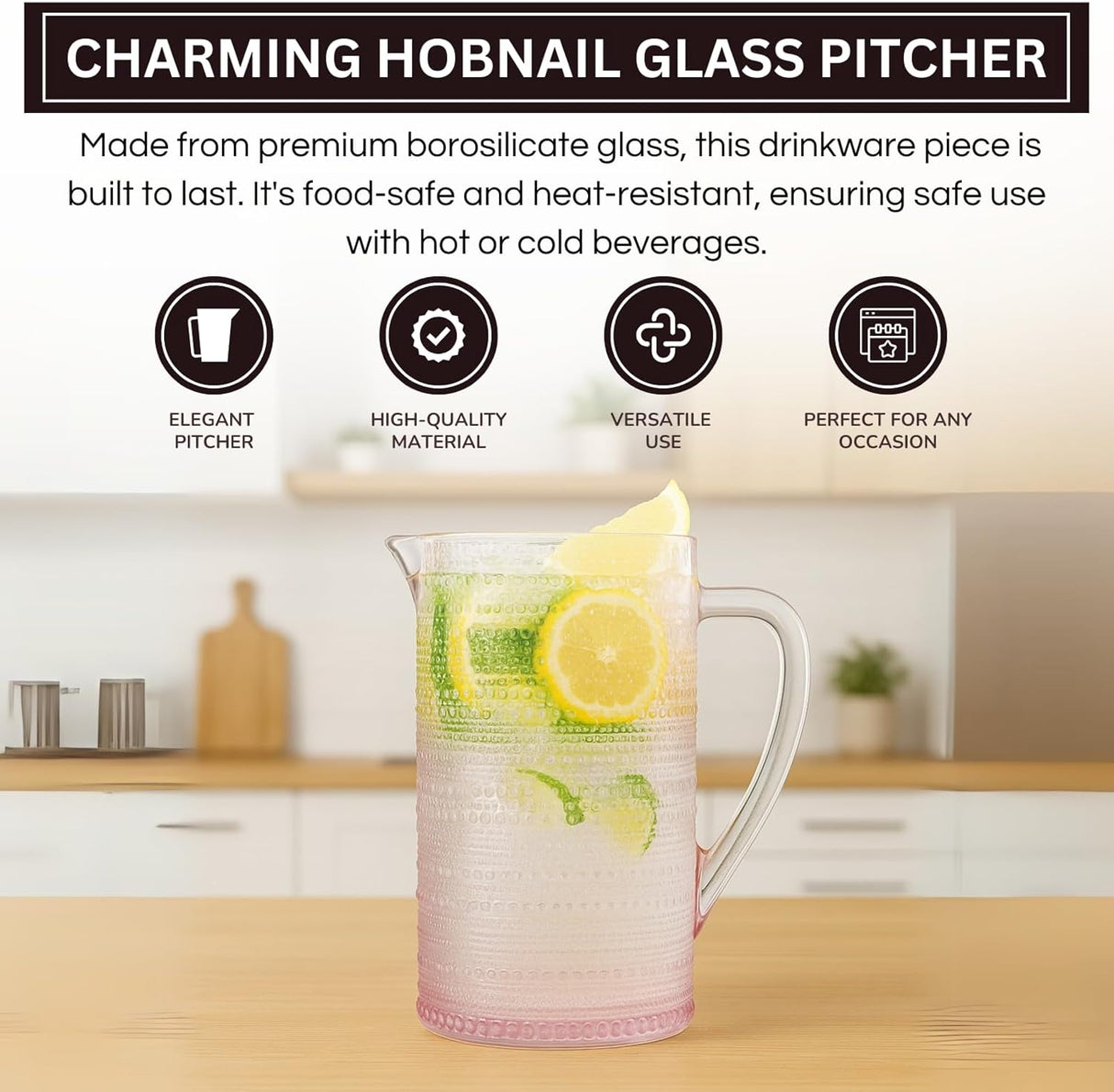 Khen Hobnail Pitcher, Vintage Style Textured Artisan Design Borosilicate Glass Beverage Server Drinkware - 7.8 Inch Pink