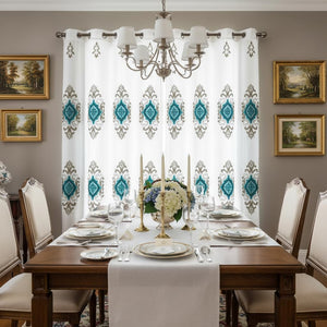 Embroidered Medallion Curtain Set – 2 Panel Window Drapes with Attached Backing & Matching Valance