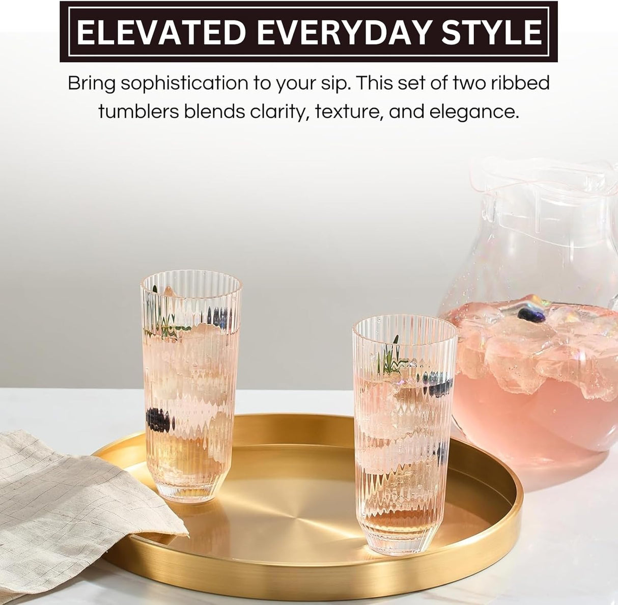 Khen Shatterproof Acrylic Ribbed Drinking Glasses Set, European Style, Dishwasher Safe, Tall | Set of 2 | Clear Tritan Drinkware, Unbreakable BPA-free Plastic, Reusable Stackable Glassware - 12OZ