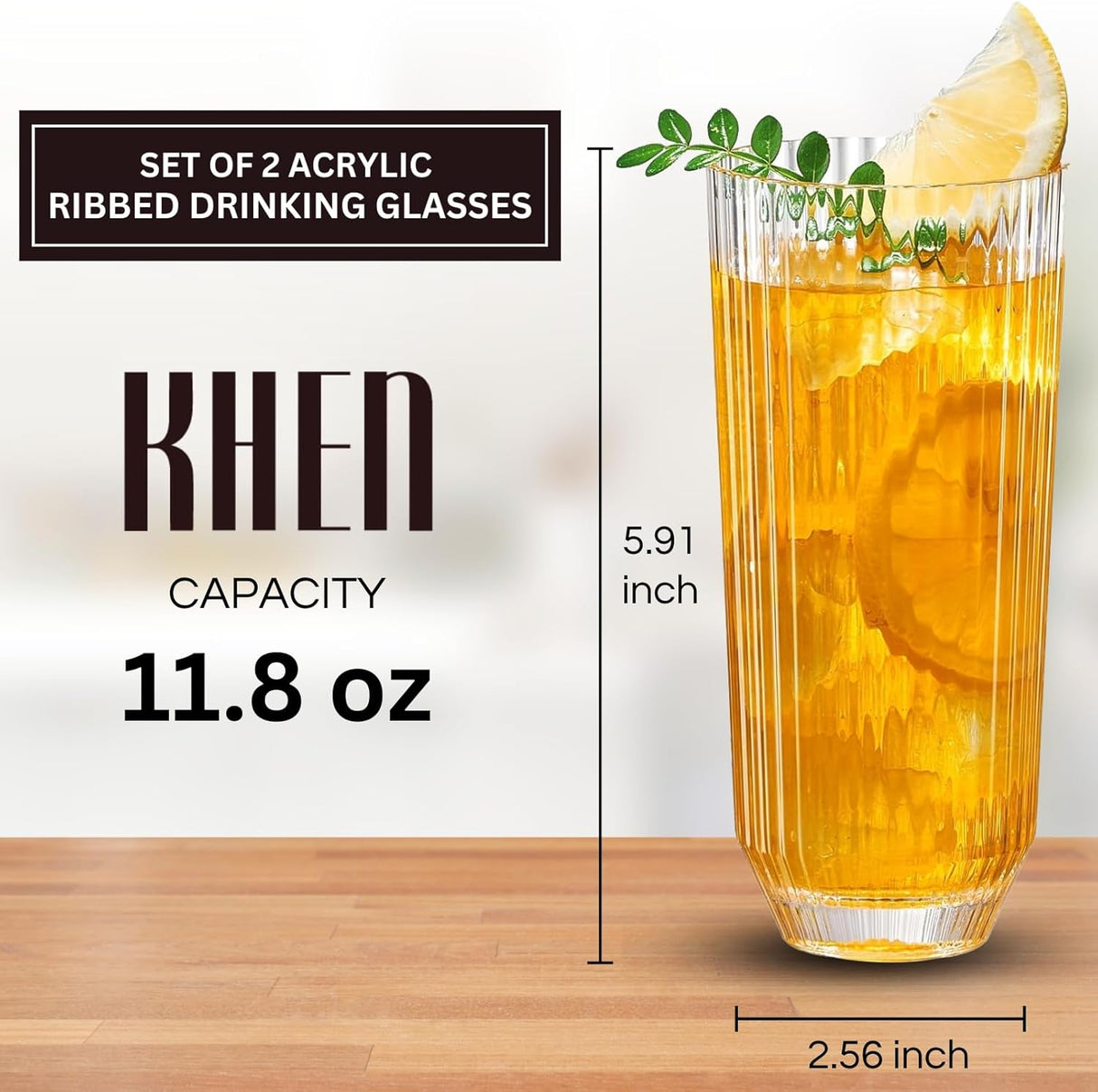 Khen Shatterproof Acrylic Ribbed Drinking Glasses Set, European Style, Dishwasher Safe, Tall | Set of 2 | Clear Tritan Drinkware, Unbreakable BPA-free Plastic, Reusable Stackable Glassware - 12OZ