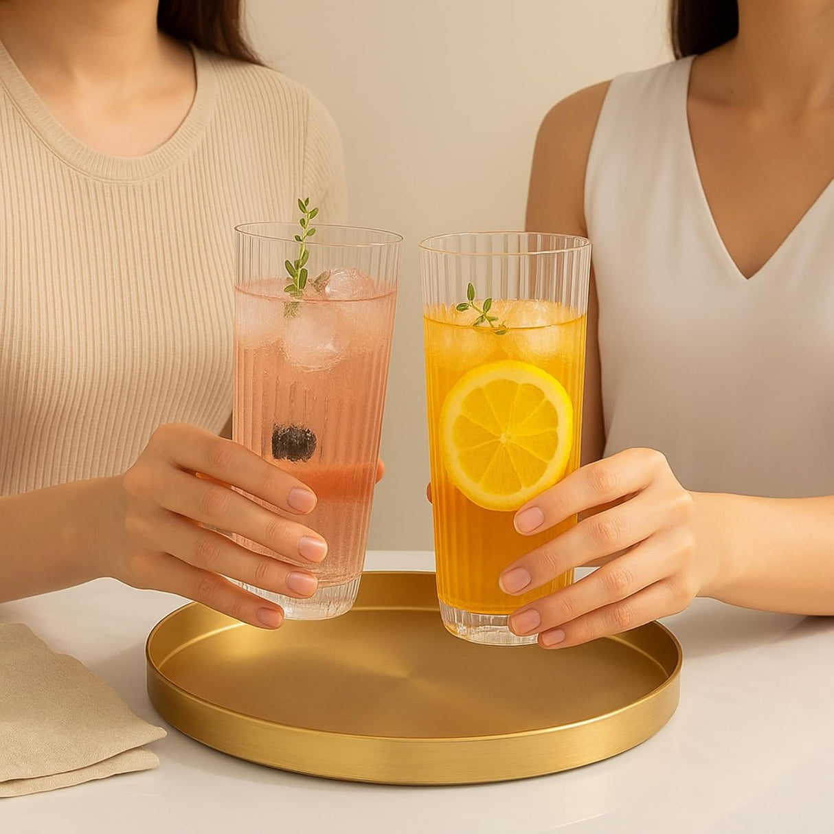 Khen Shatterproof Acrylic Ribbed Drinking Glasses Set, European Style, Dishwasher Safe, Tall | Set of 2 | Clear Tritan Drinkware, Unbreakable BPA-free Plastic, Reusable Stackable Glassware - 12OZ