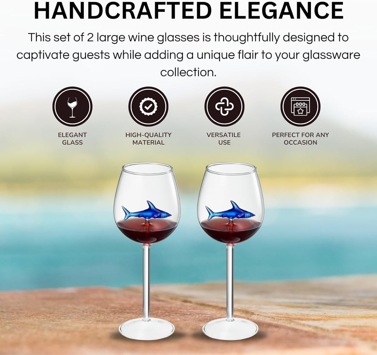 Shark-Inspired Wine Glasses Set of 2 – 13oz Stemmed Red & White Wine Glass with 3D Shark Inside – Unique Glassware Gift for Men, Dad, or Host