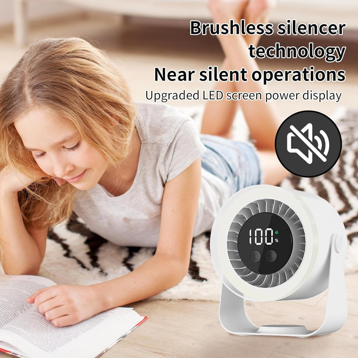 Quiet Desk Fan 10-Speed USB Rechargeable 3600mAh Portable