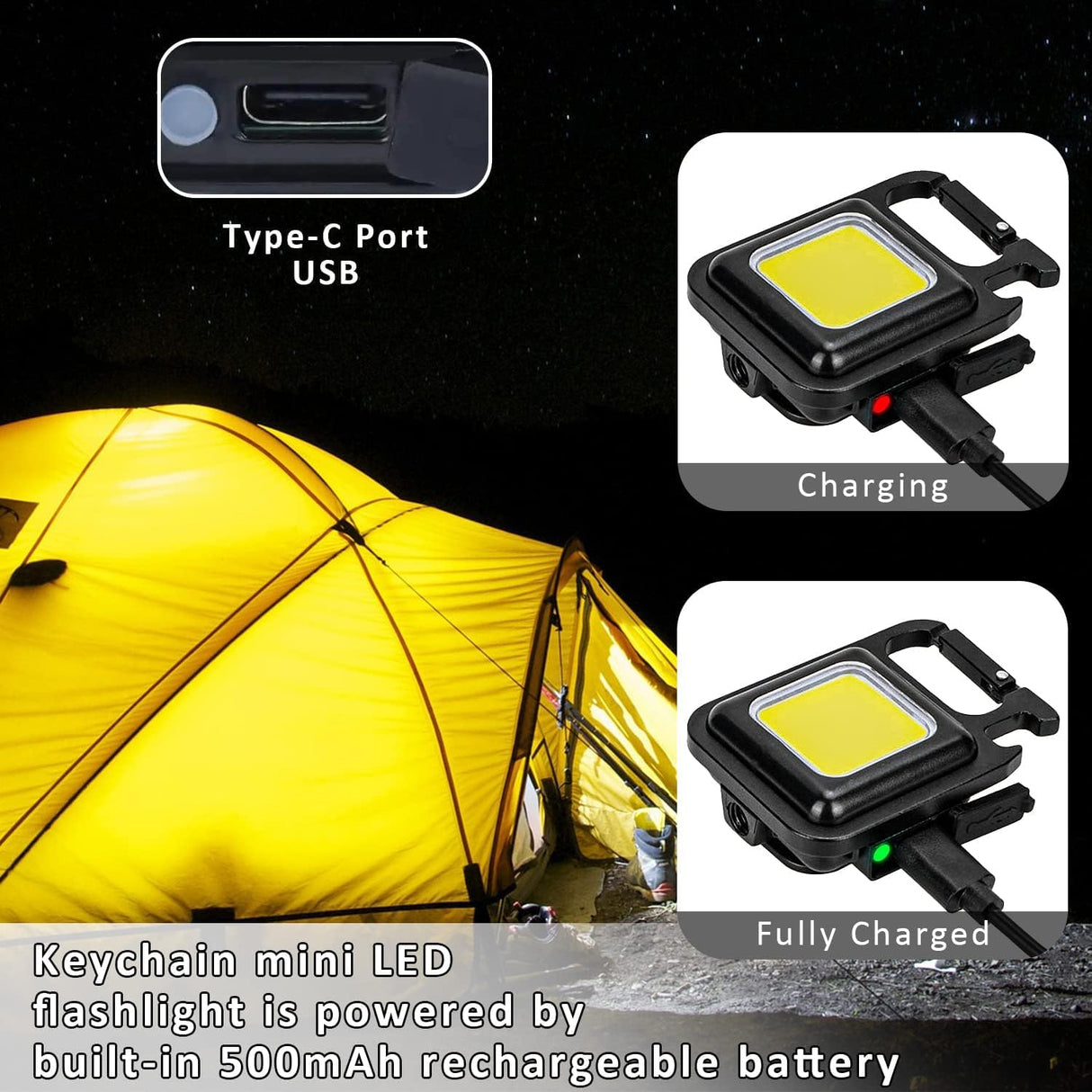 2-Pack Rechargeable COB Keychain Work Lights – EDC Flashlight with Folding Stand & Bottle Opener for Camping, Fishing, and Emergencies