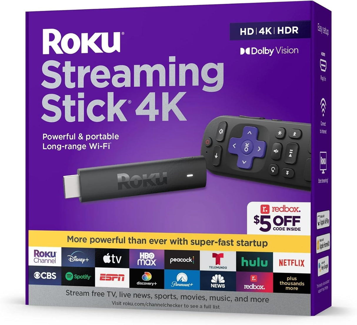 Roku Streaming Stick 4K Streaming Device 4K/HDR/Dolby Vision with Voice Remote with TV Controls