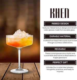 Khen Ribbed Coupe Glasses Set Crystal Bar Drinkware Vintage Style Cocktail Martini Champagne Glassware – 10oz Clear