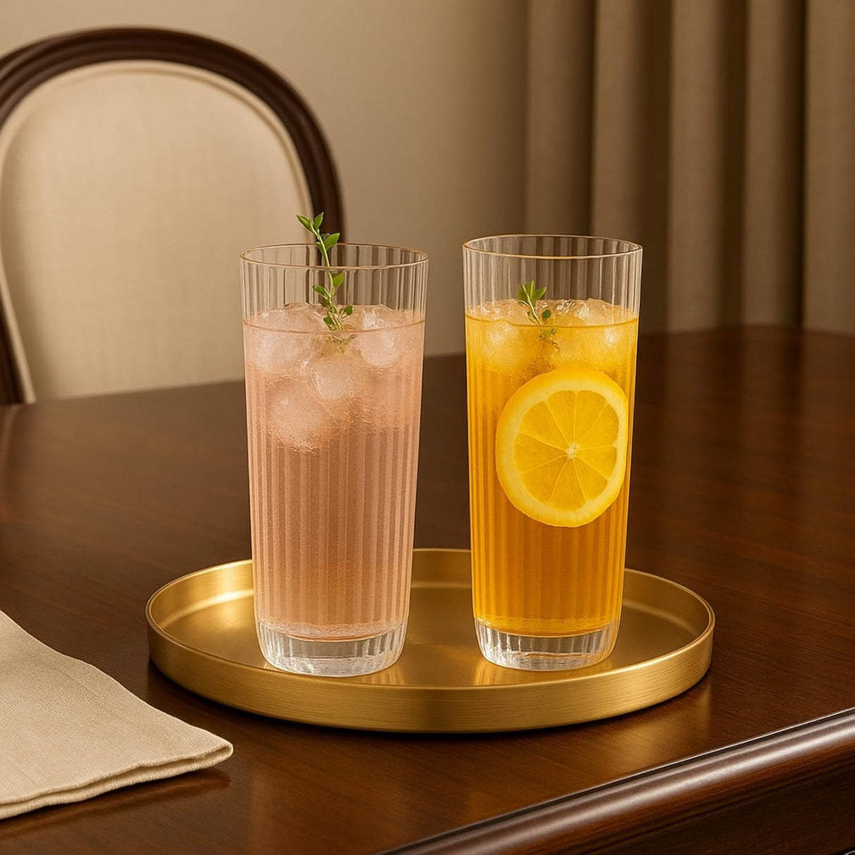 Khen Shatterproof Acrylic Ribbed Drinking Glasses Set, European Style, Dishwasher Safe, Tall | Set of 2 | Clear Tritan Drinkware, Unbreakable BPA-free Plastic, Reusable Stackable Glassware - 12OZ
