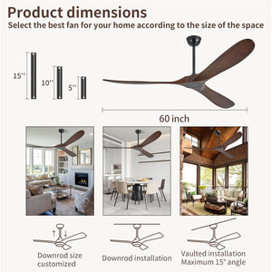 60 Inch Solid Wood Ceiling Fan 3-Blade DC Motor Remote
