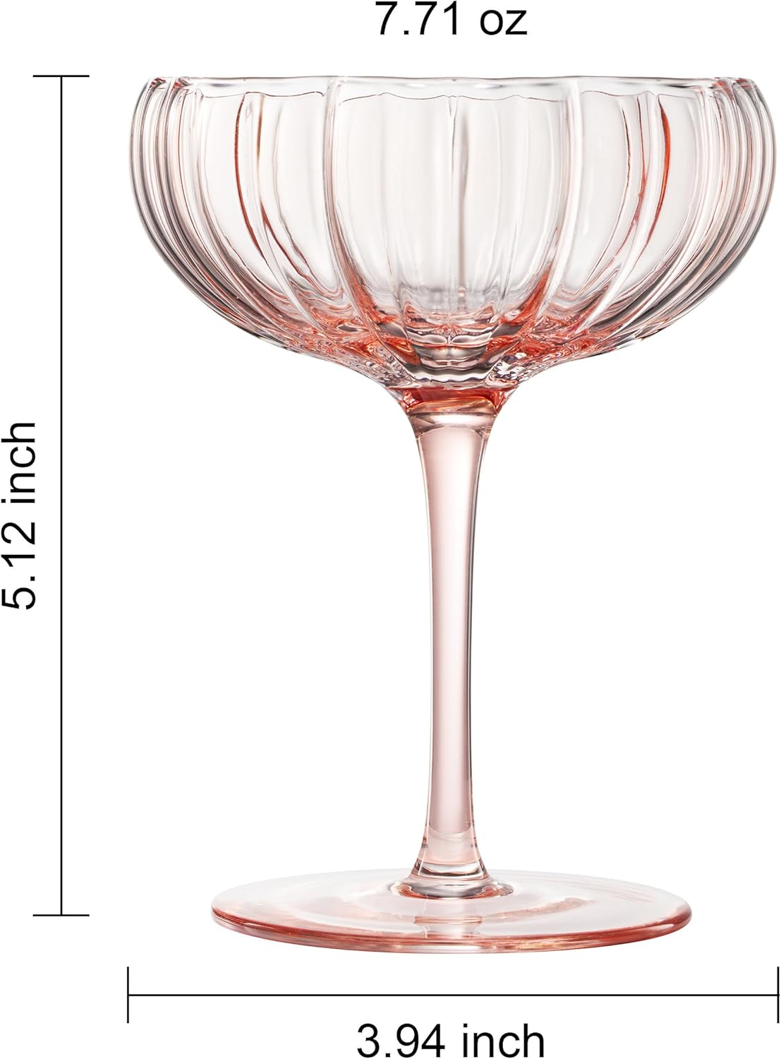 Khen Flower Modern Wavy Glass Coupes Martini, Champagne & Cocktail Coupes - Set of 4-7.7oz Colorful Cocktail Glasses & Prosecco, Mimosa Glassware Copyright Design - Blush Pink