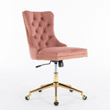 Velvet upholstered tufted chair with golden metal adjustable swivel base