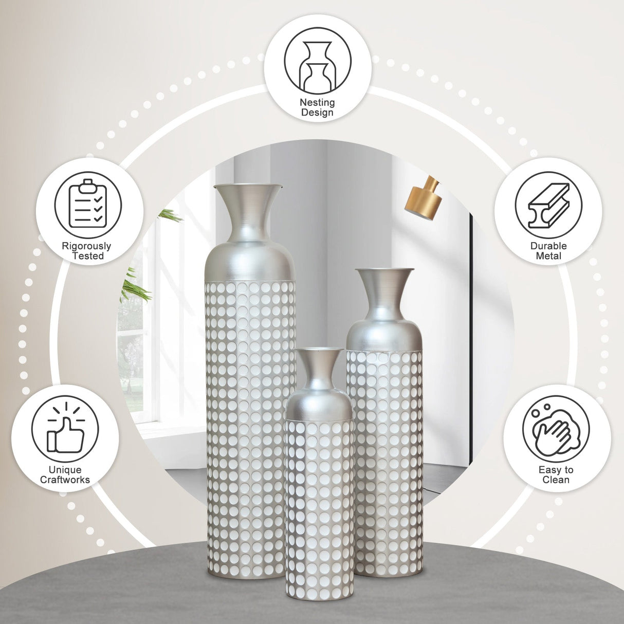 3 Pack Semi-Handcrafted Gold Metal Vase Collection
