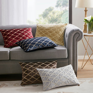 Silver Oblong Velvet Throw Pillow with Hand-Beaded Details - 22x15