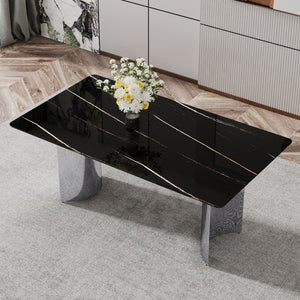 Modern Minimalist Dining Table With Imitation Marble Glass Desktop And Metal Legs