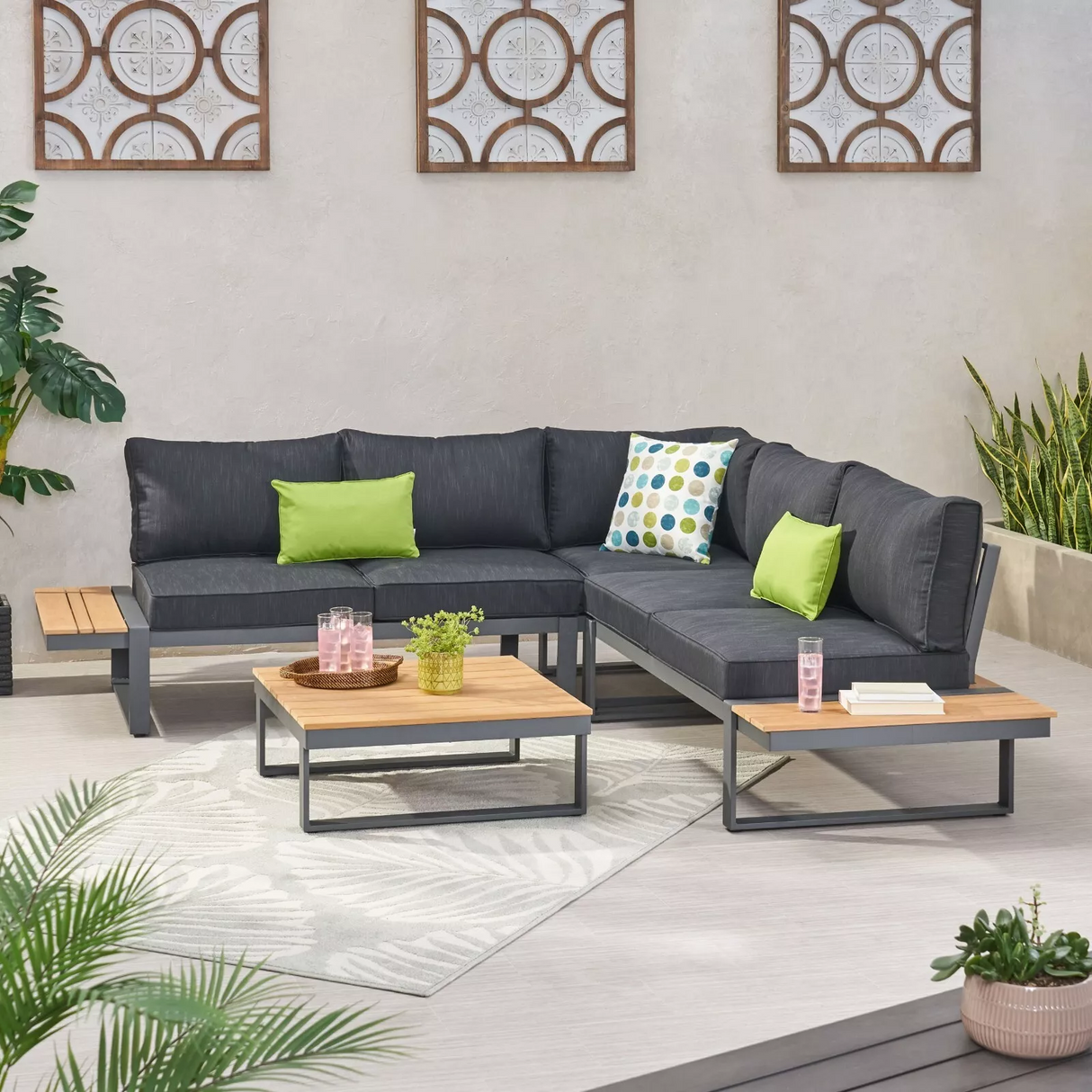 Sterling V-Shaped Outdoor Aluminum 5 Seater Sofa Set with Cushions