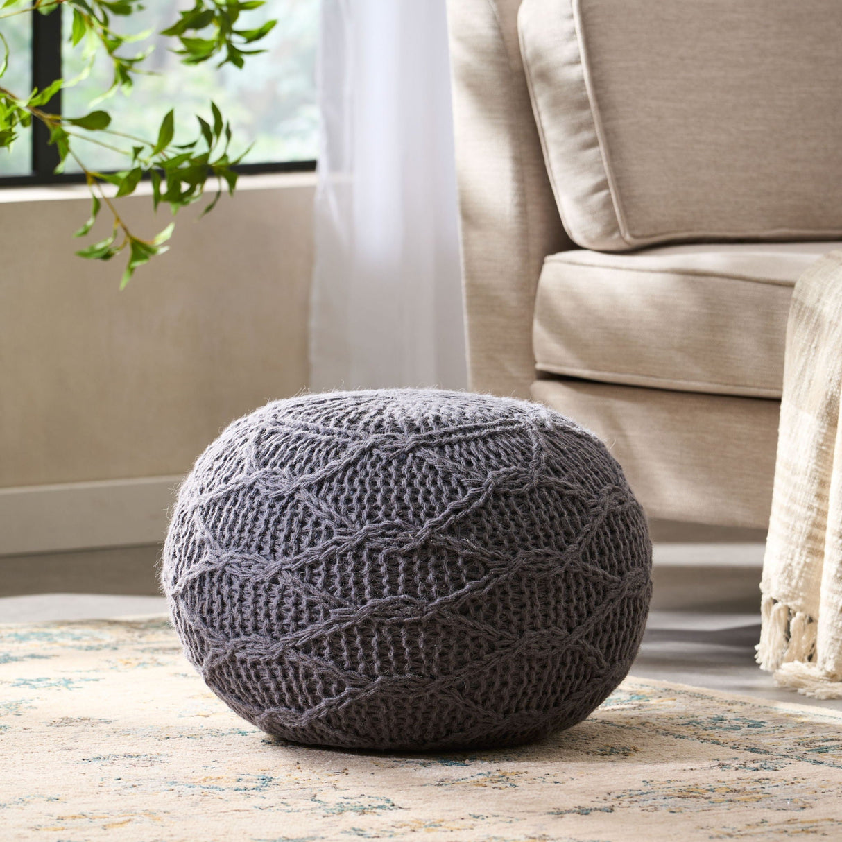 Malibu Modern Knitted Wool Round Pouf With Handcrafted Design - Charcoal