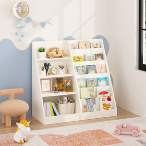 4 Tier Bookshelf and Toy Storage Organizer with Display Stand - Gray, Light Brown, White